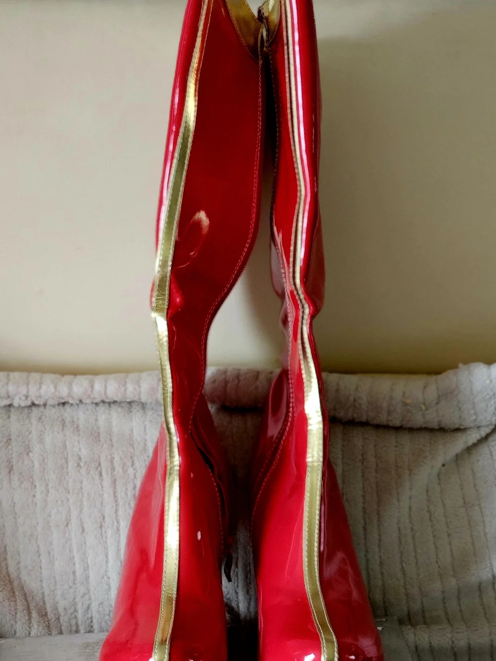 Women's Red Patent Knee-High Boots with Gold Trim